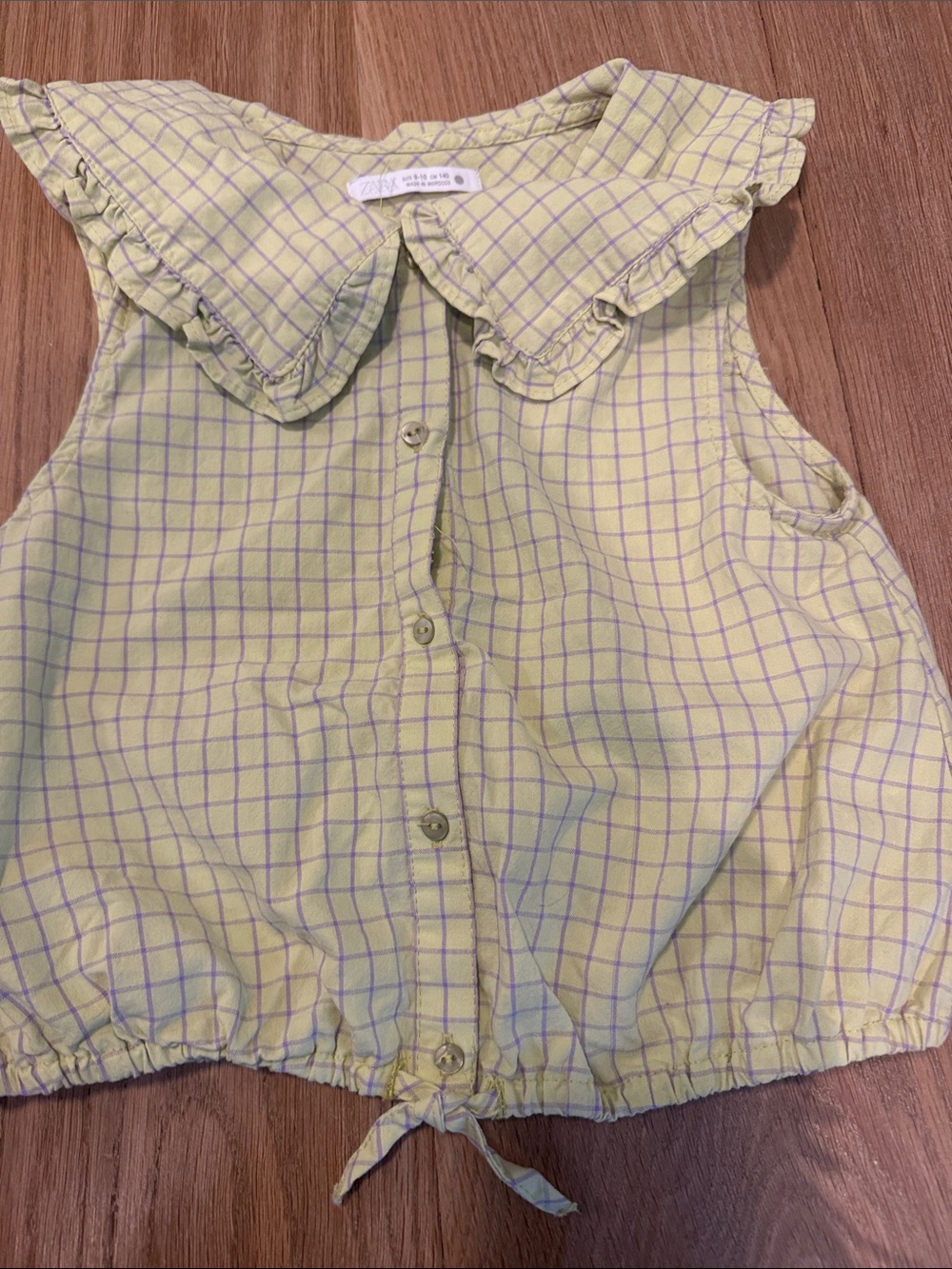 Zara Yellow Plaid Ruffle Collar Button Tank